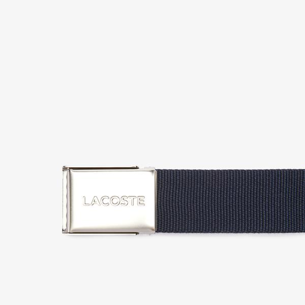 Lacoste Men's Made in France Engraved Buckle Woven Fabric Belt