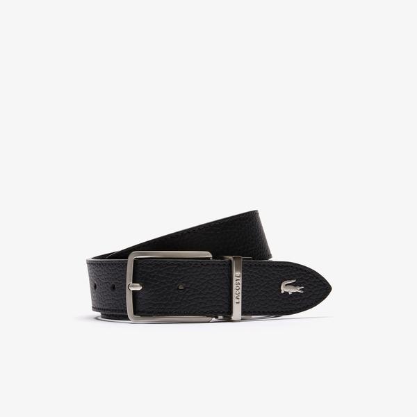 Lacoste Men's  Engraved Buckle Grained Leather Belt